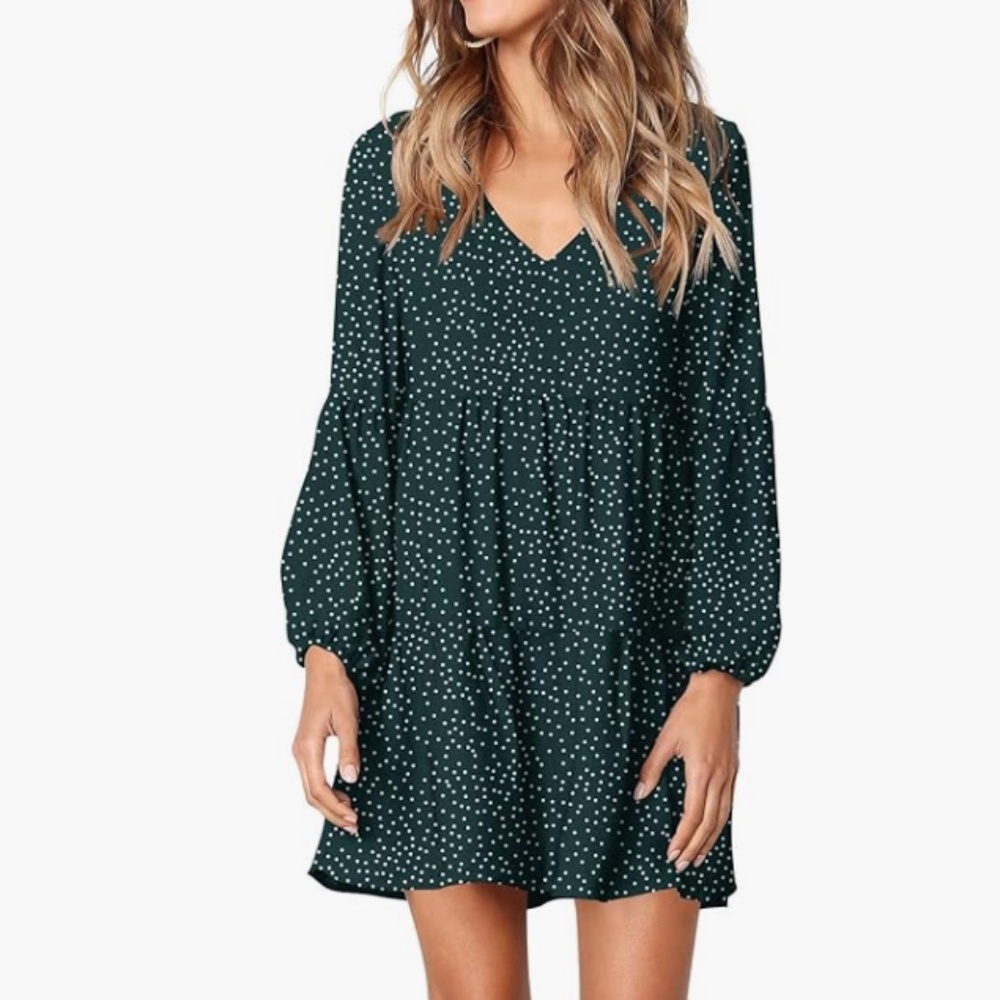 Polka Dot V-Neck Long Sleeve Dark Green Dress